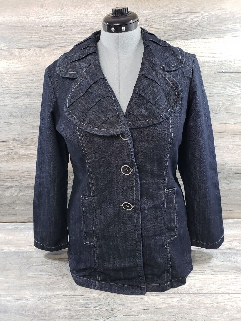 Baccini Womens L Dark Wash Denim Jacket Ruffle Trim Button Front Jean Coat